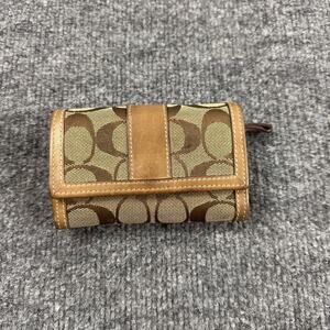 Vintage Coach Trifold Wallet Brown Tan Signature Canvas Leather Trim Key Ring